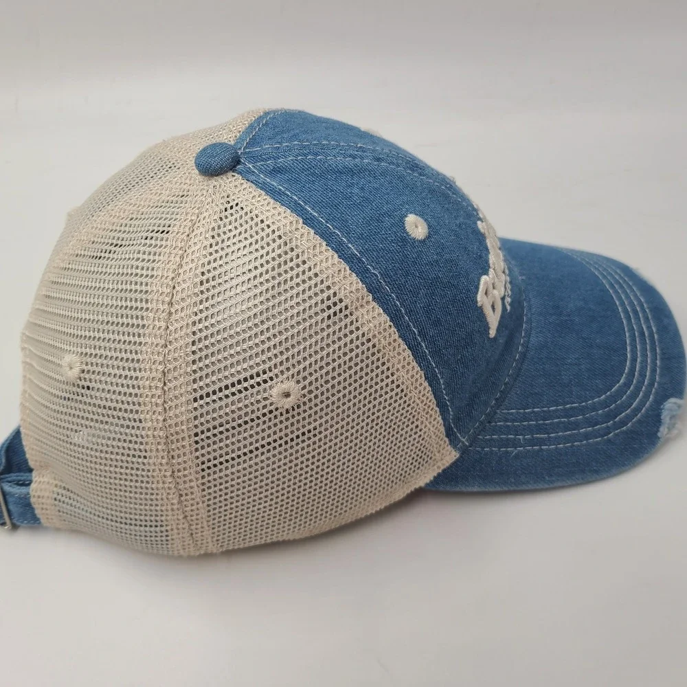 Budweiser Hat Strapback American Eagle Trucker Mesh Blue Beige Distressed Denim